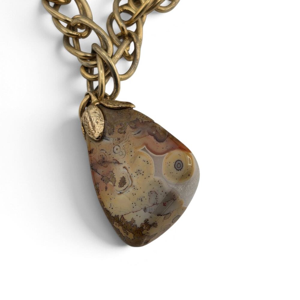 Vintage Ocean Jasper Stone Charm Bracelet Gold Tone 7.5" Chunky Chain